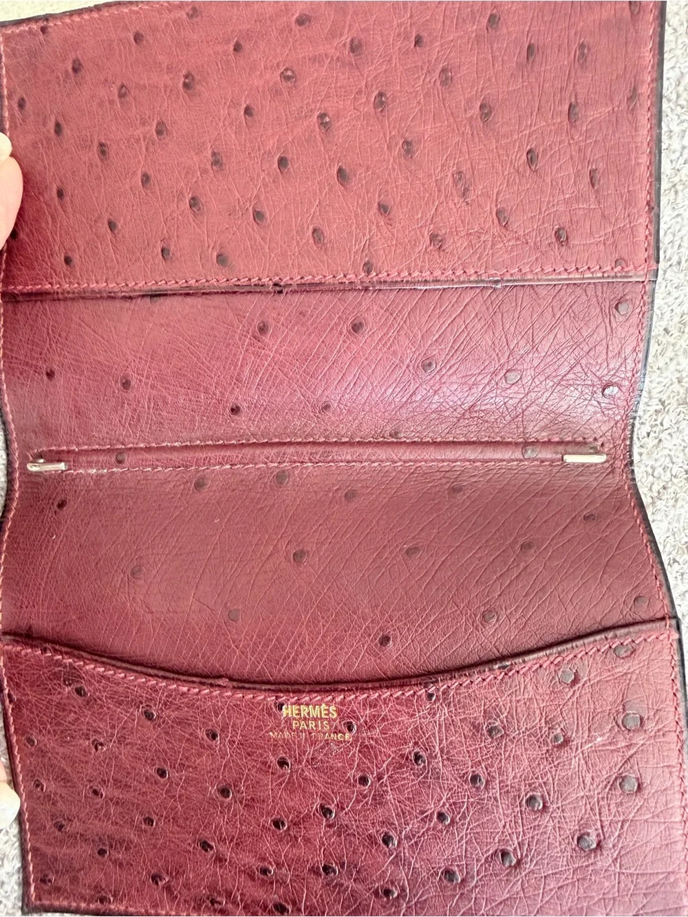 Hermes Burgundy Ostrich Leather Wallet with Gold Stamp